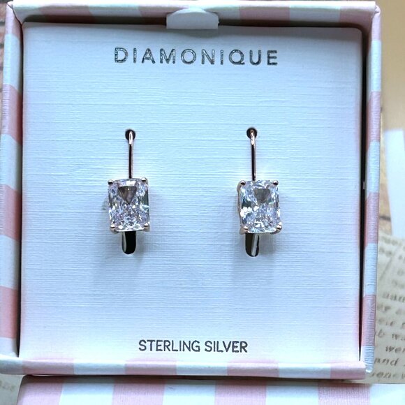 Diamonique Jewelry - Diamonique New in Box Sterling Silver Rose Pink Gold Emerald Cut CZ Earrings QVC